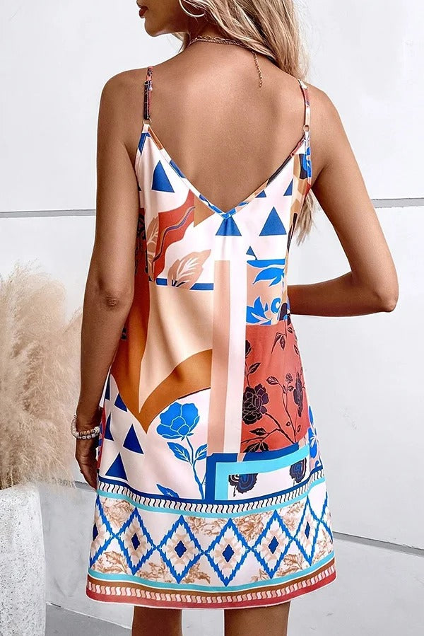 Unique Print Sexy Suspender V-Neck Loose Mini Dress - Fashionpara