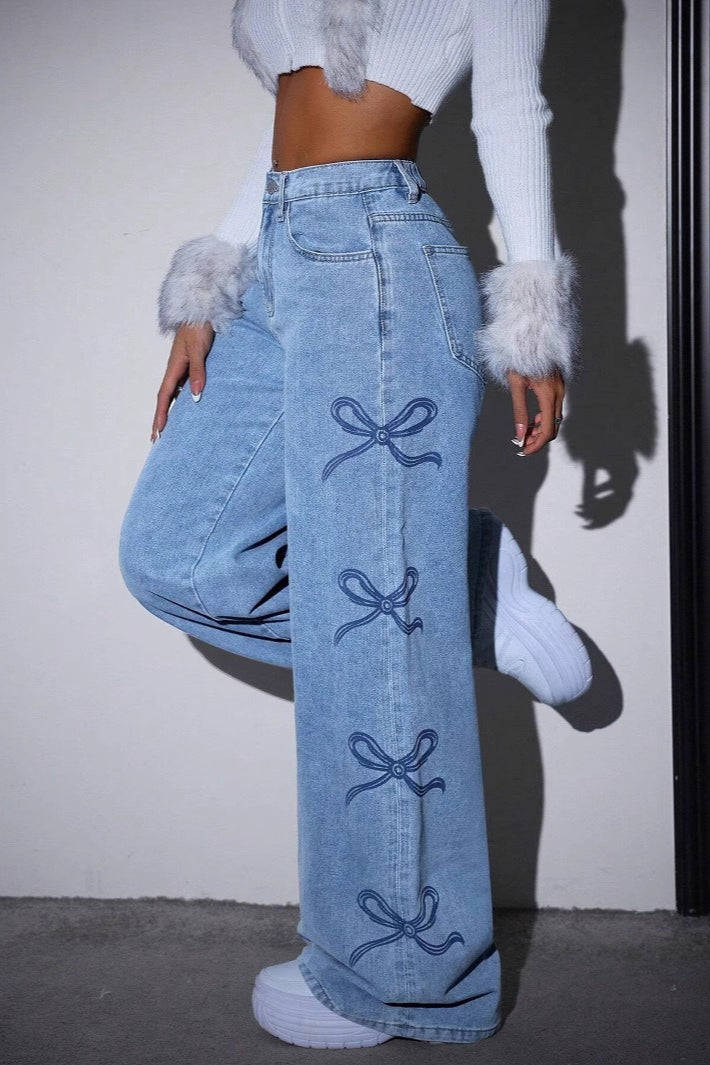 High Waist Washed Bow Tie Jeans