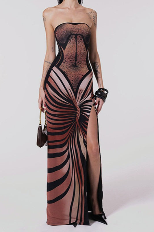 Abstract Print Strapless High Split Maxi Dress 6
