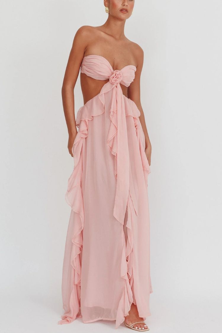 Gorgeous Vacation Halter Rose Detail Cut Out Ruffles Backless Maxi Dress - Fashionpara