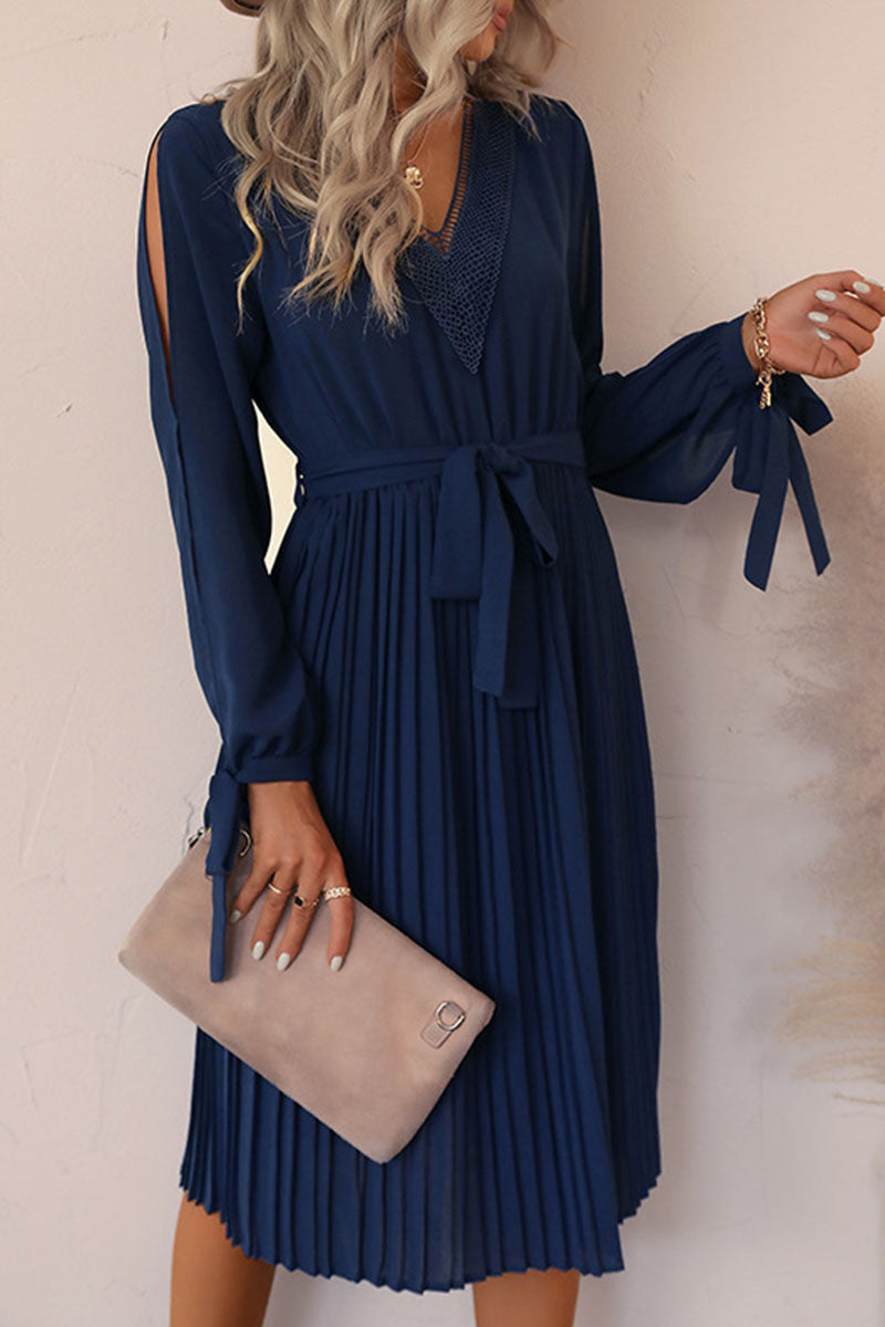 Chiffon Lace Insert V-Neck Cold Shoulder Tie Cuff Midi Dress