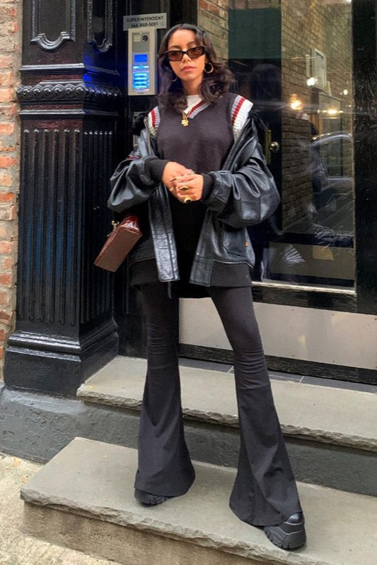 Solid Color High Waist Slim Flared Casual Pants