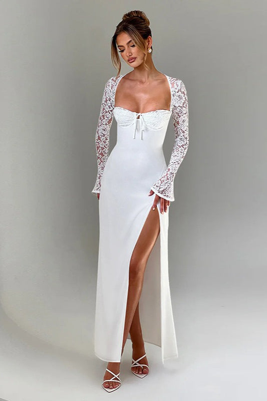 Lace Long Sleeve Sweetheart Neck Tie Front Bustier Maxi Gown - View 3