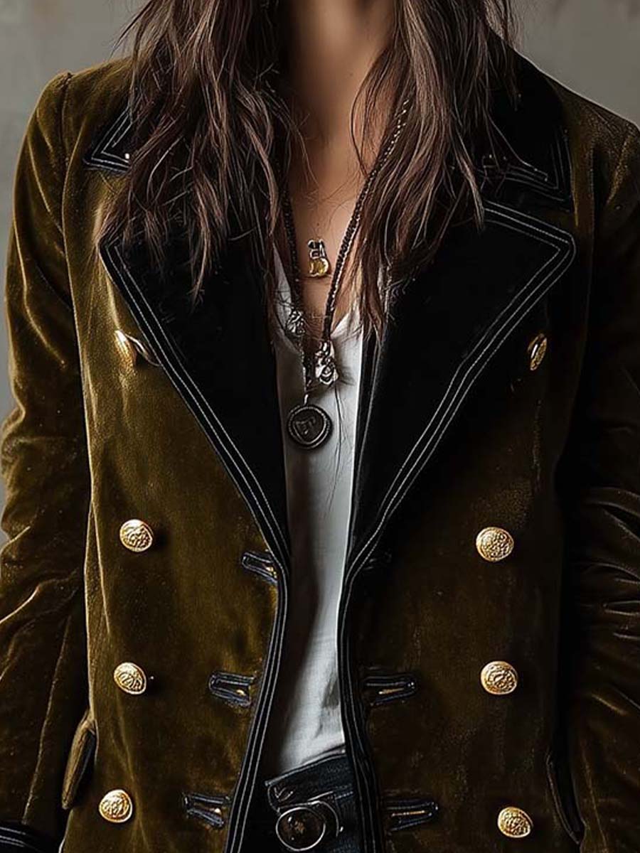 Olive Synthetic Velvet Double-Breasted Military Coat - Fashionpara