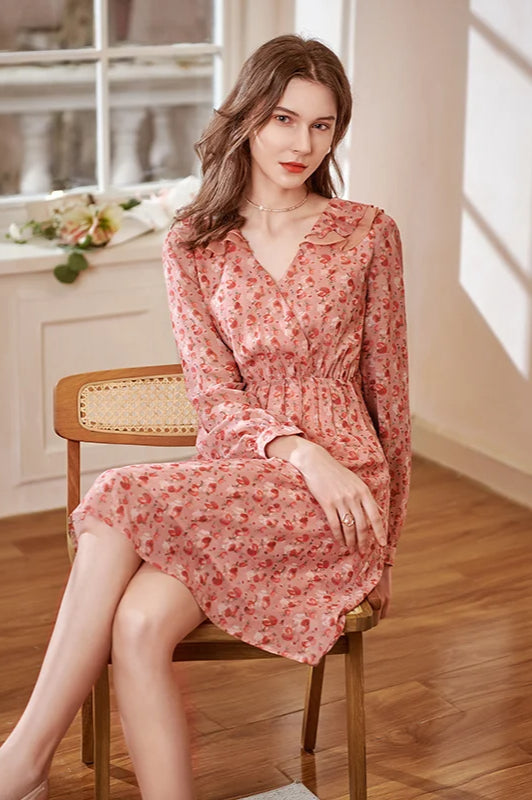 Floral Print Deep V-Neck Ruffle Trim Long Sleeve Midi Dress - View 5