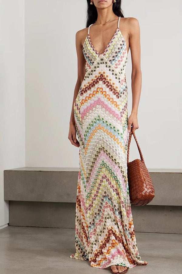 Zigzag Crochet Knit Halter Backless Maxi Dress