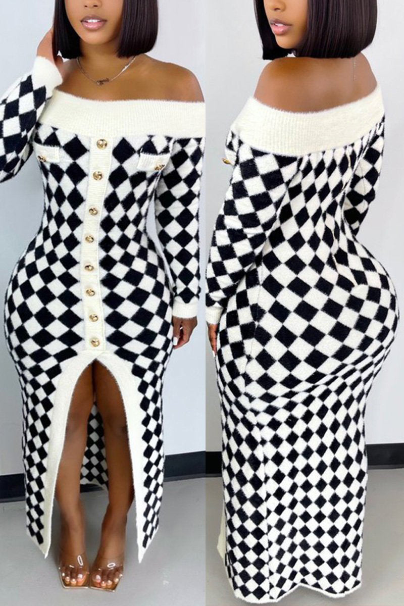 Plus Size Sexy Off Shoulder Split Joint Plaid Sweater Midi Dress  Fashionpara