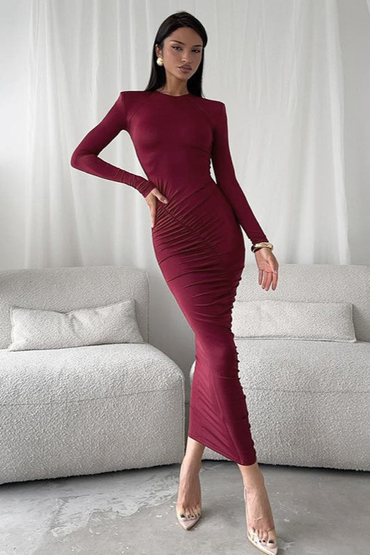 Ruched Long Sleeve Crew Neck Bodycon Maxi Dress