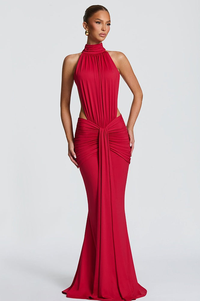 High Halter Neck Backless Ruched Mermaid Gown