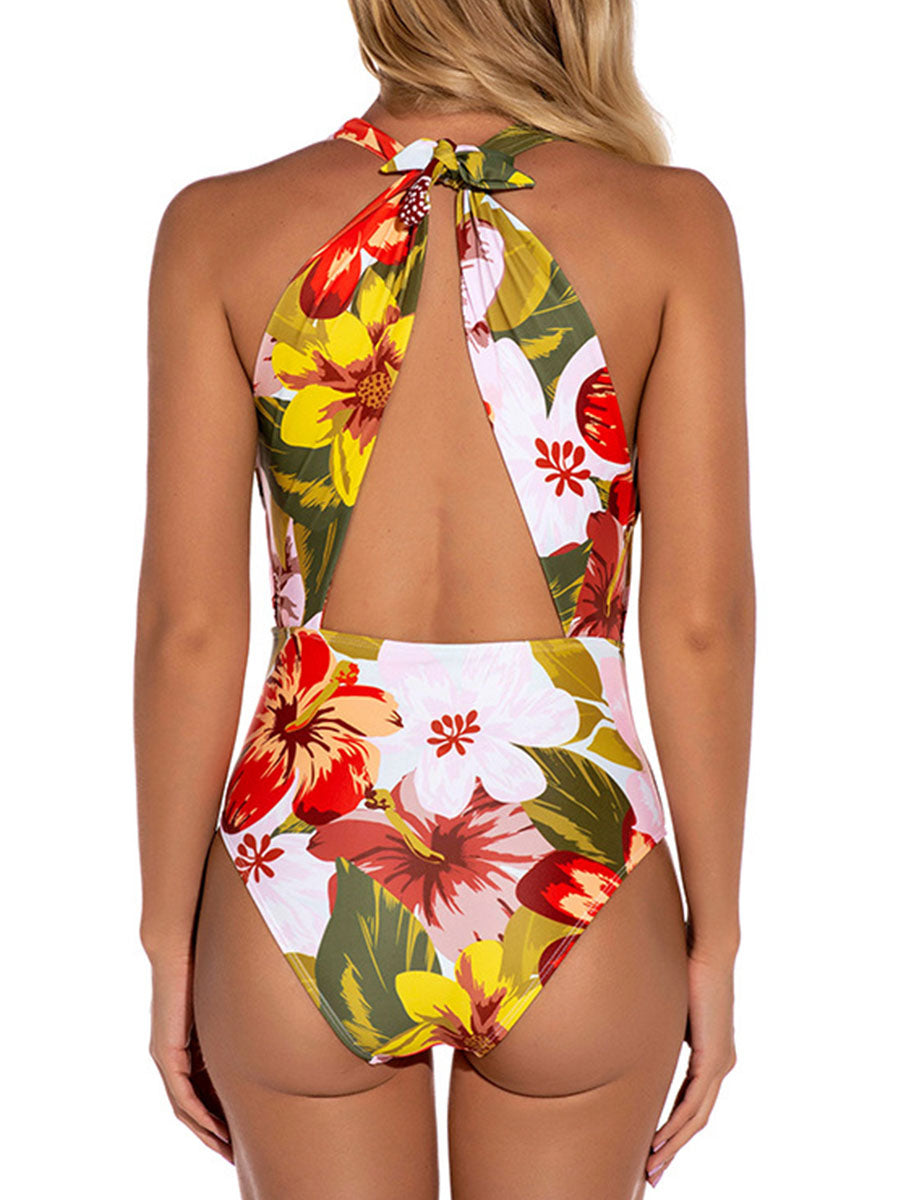 Floral Printed Tie Back Cutout Deep V One Piece Swimsuit - Fashionpara