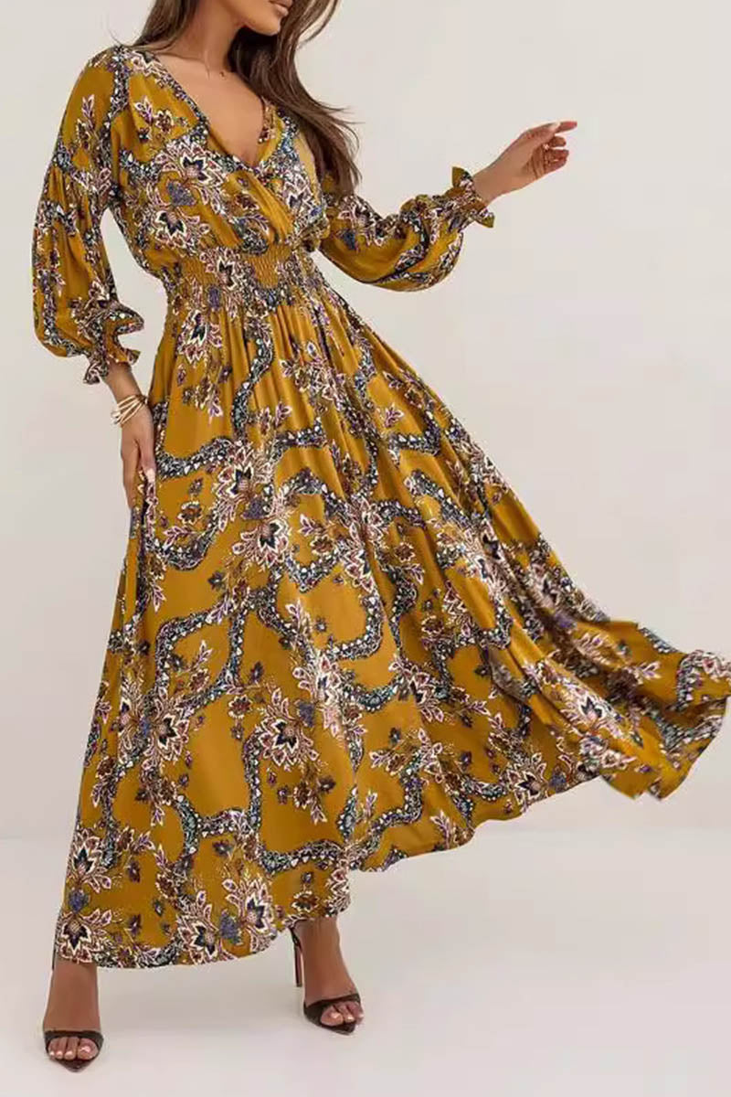 Printed V-neck Slit Long Sleeve Dress - Fashionpara