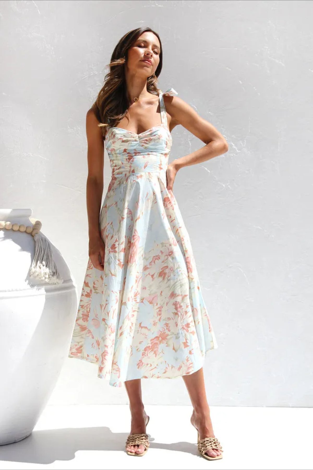 Floral Print Sweetheart Tie-Strap A-Line Midi Dress 8