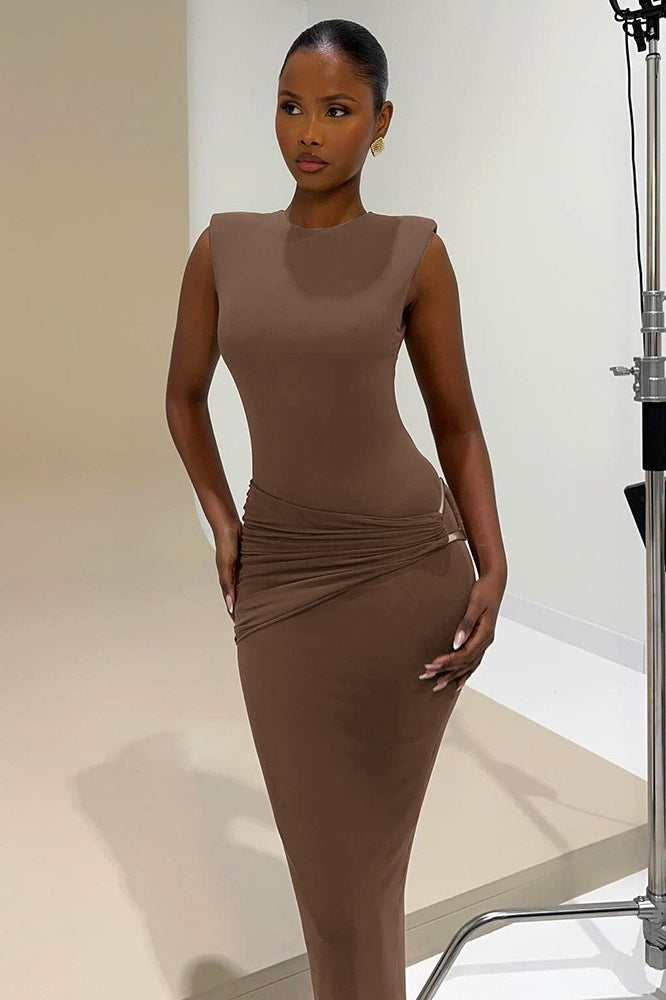 Sleeveless High Neck Ruched Bodycon Maxi Dress 2