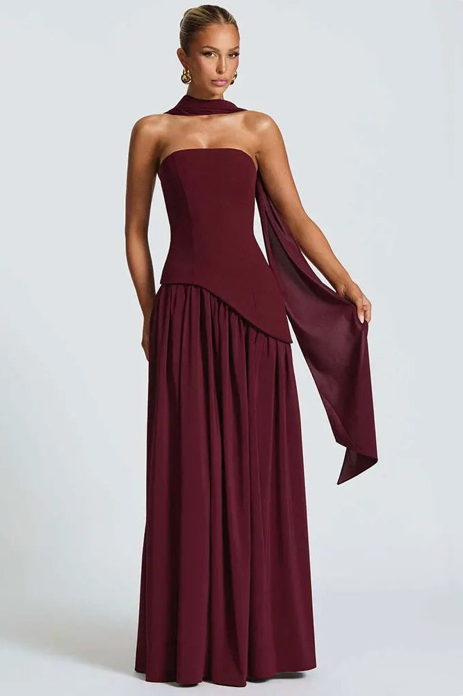 Satin Strapless High Split Asymmetric Draped Maxi Dress - View 4