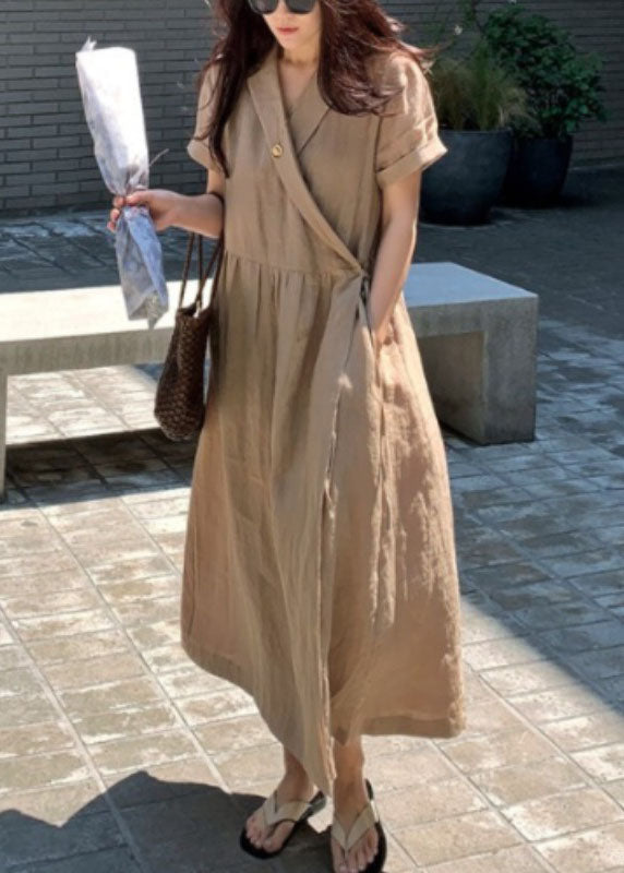 Wrap Front Notched Collar Short Sleeve Pocket Maxi Wrap Dress