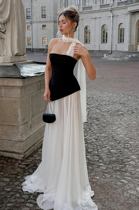 Strapless Corset Draped Chiffon Maxi Gown