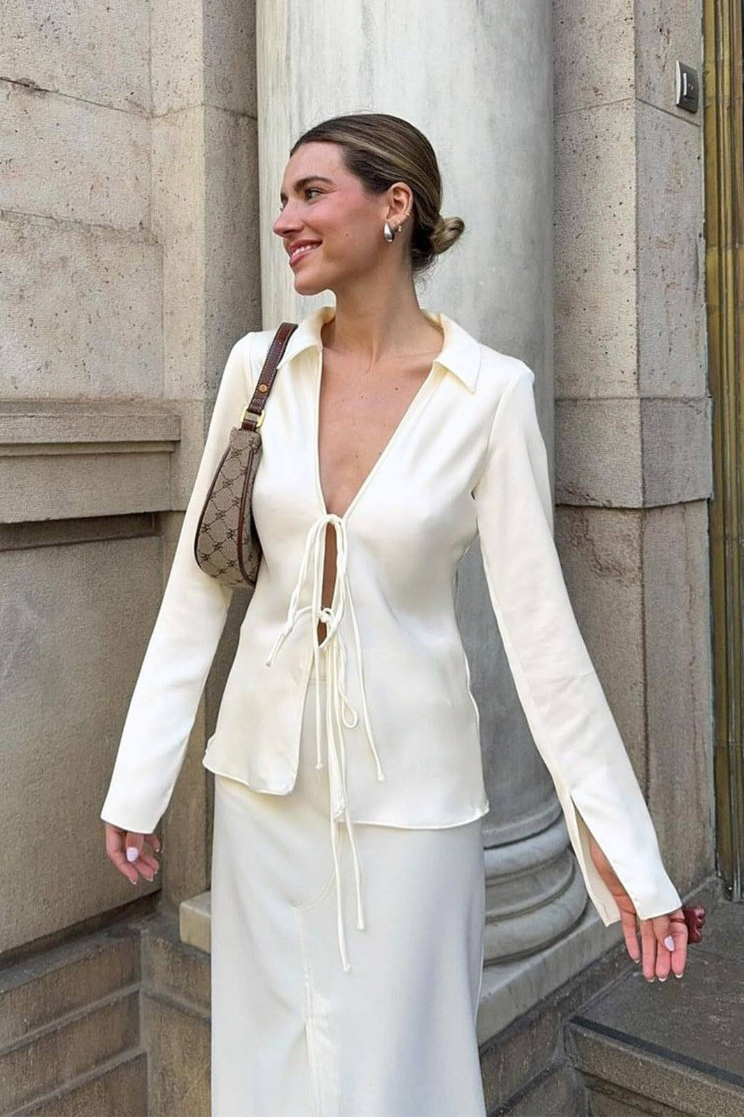 Satin Tie Front Blouse - Fashionpara