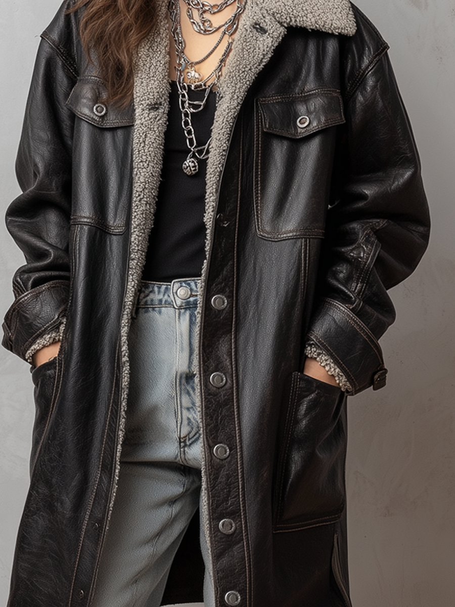 Casual Pocket Shearling Eco-friendly Leather Coat - Fashionpara