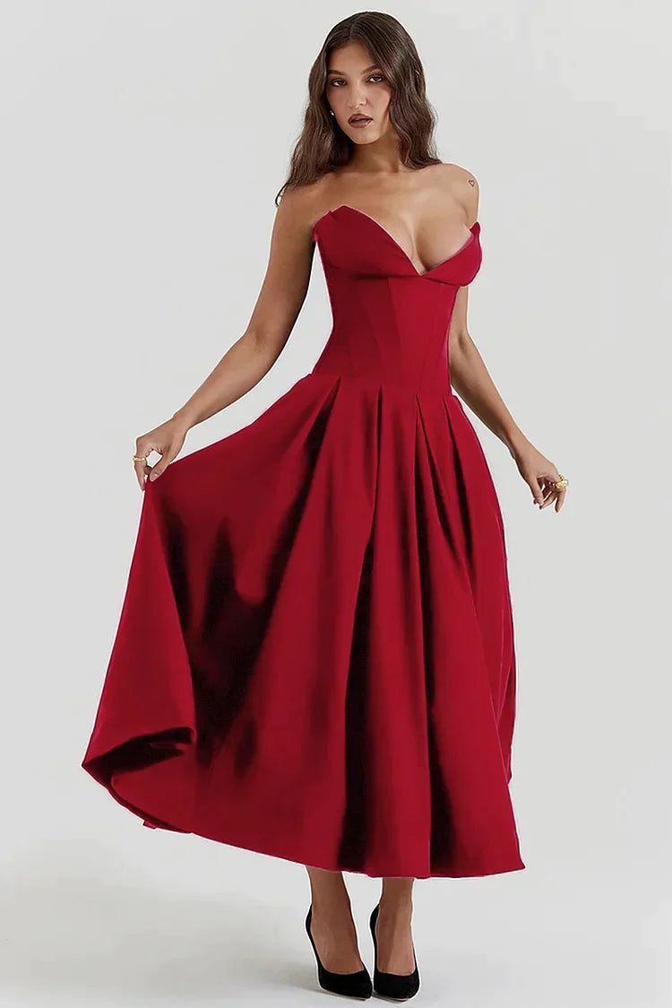 Satin Strapless Corset Pleated Pocket A-Line Midi Dress - View 2