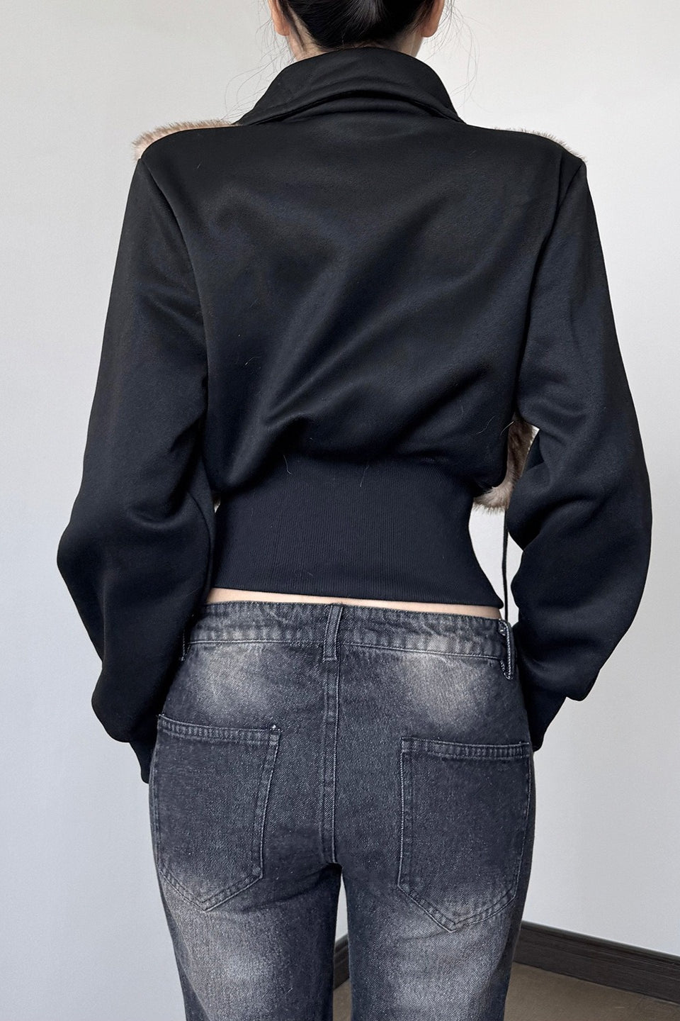 Fur Look Panel Buckle Waist Zip Jacket