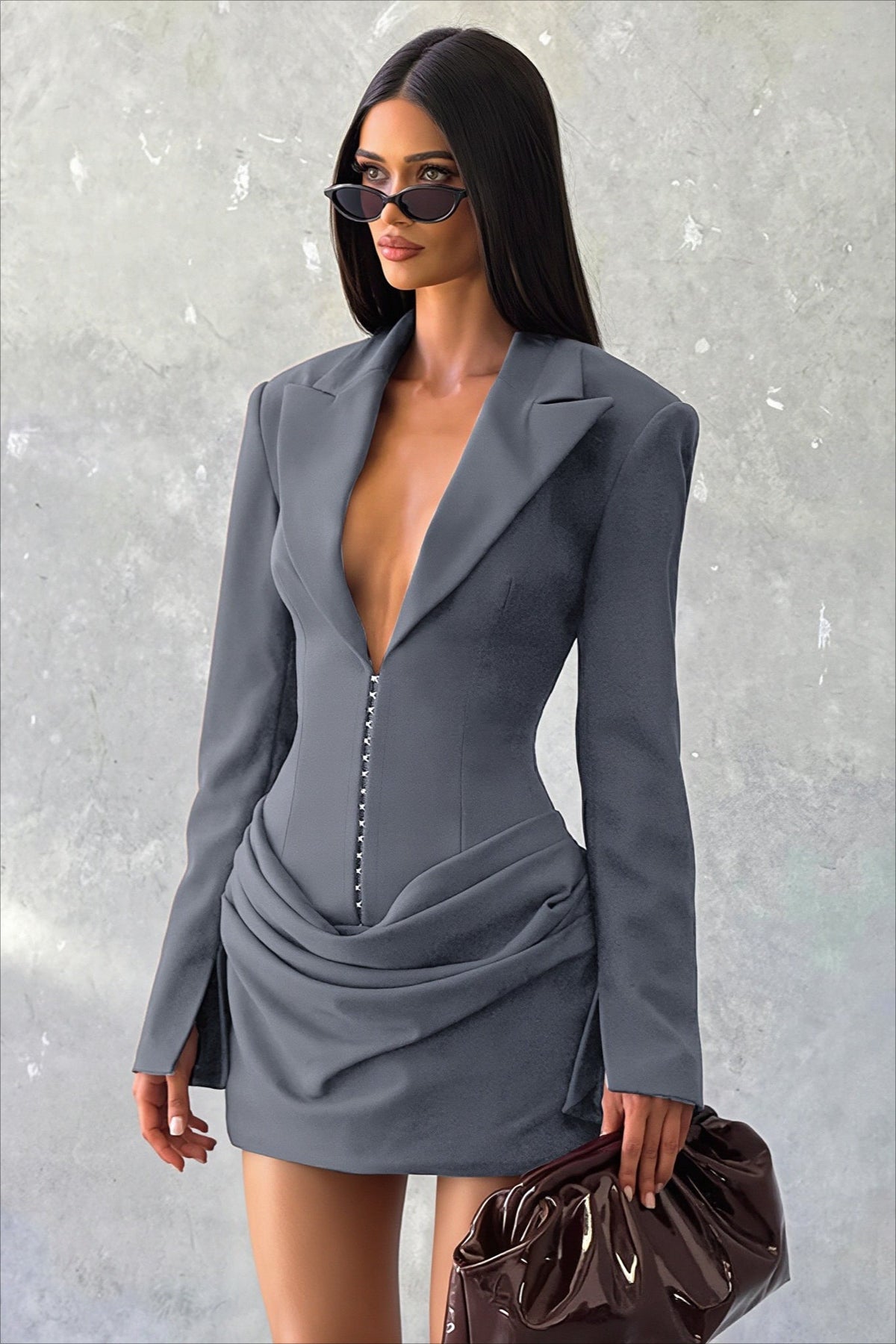 Tailored Plunge Neck Corset Long Sleeve Mini Dress