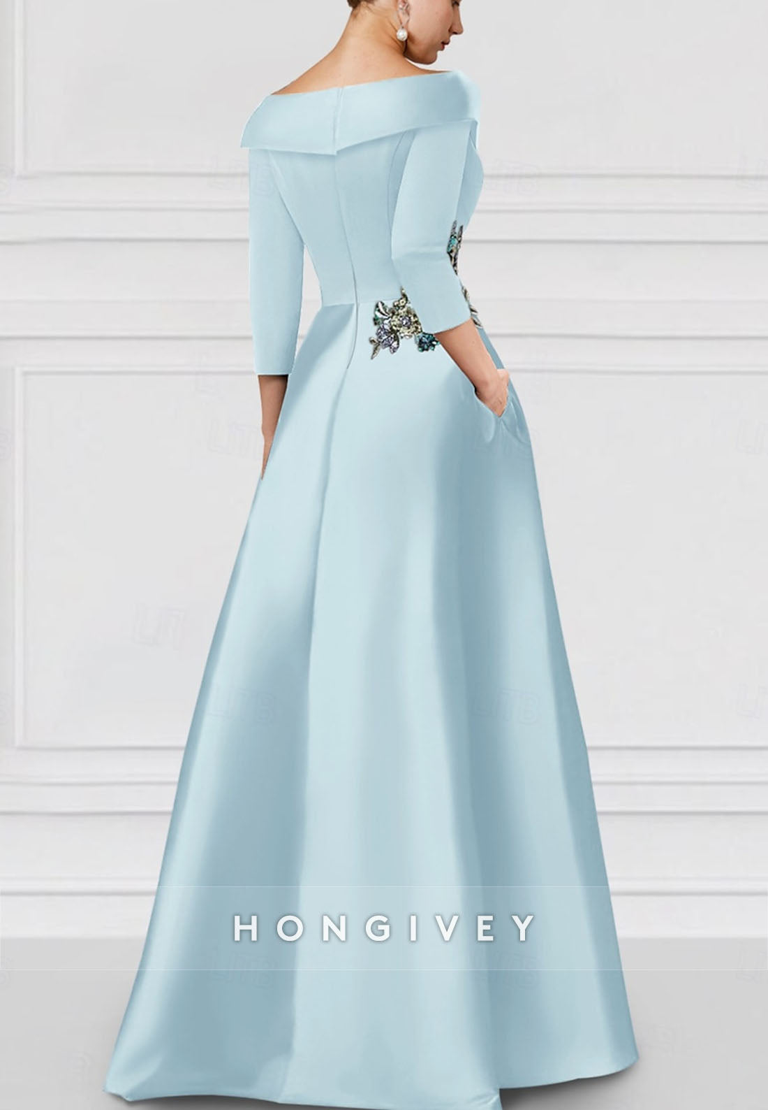 High Slit Princess Floor-Length V Neck Satin 3/4 Sleeve Pleated Appliqued Evening Gown