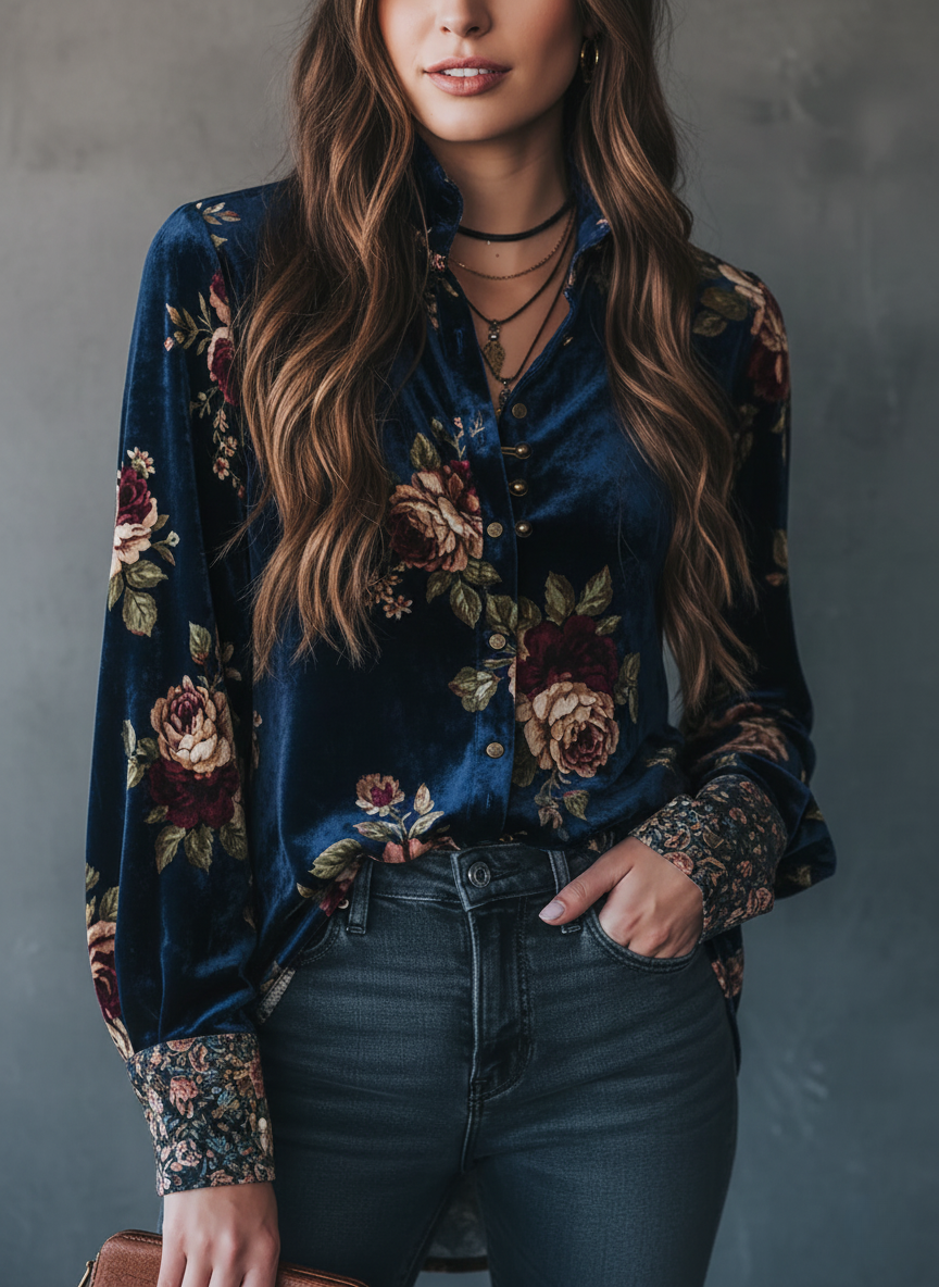 Retro Gold Velvet Floral Print Button-Up Blouse - Fashionpara