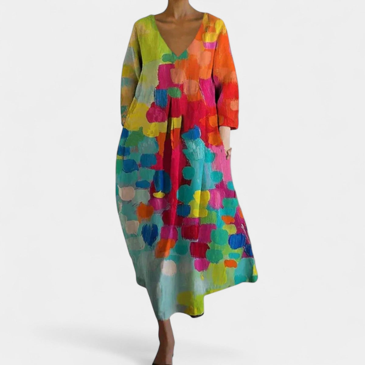 Abstract Paint Print V-Neck Long Sleeve Midi Dress