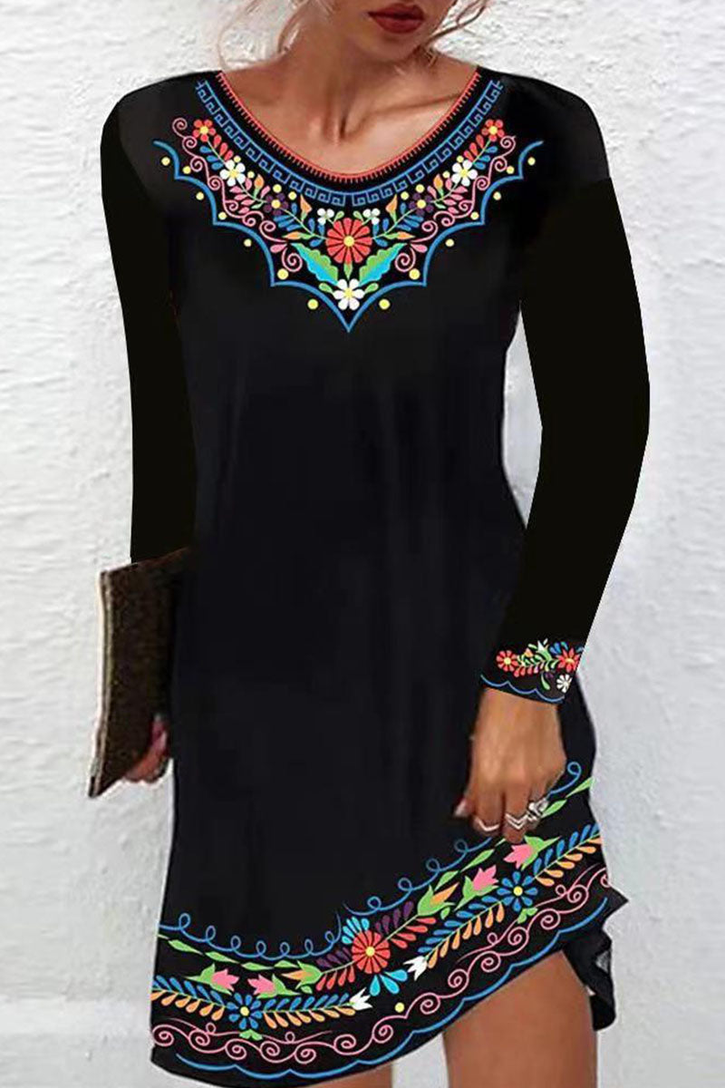 Casual Vintage Print Patchwork O Neck A Line Dresses  Fashionpara