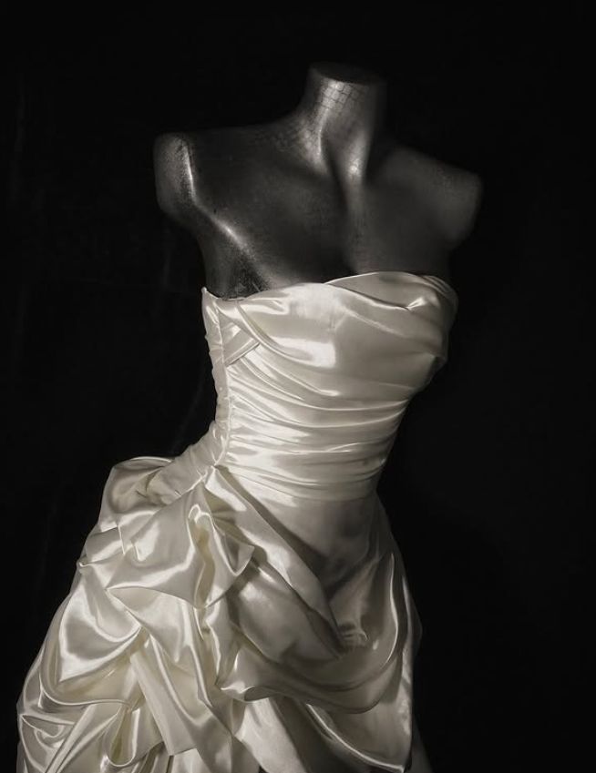 Gentle A Line Strapless Pleated White Satin Long Wedding Dress