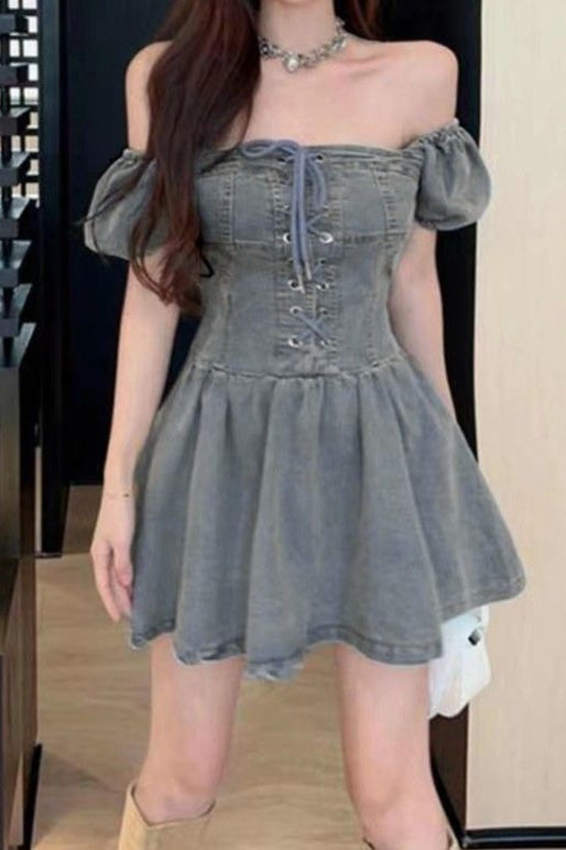 Lace Up Strapless Denim Dress