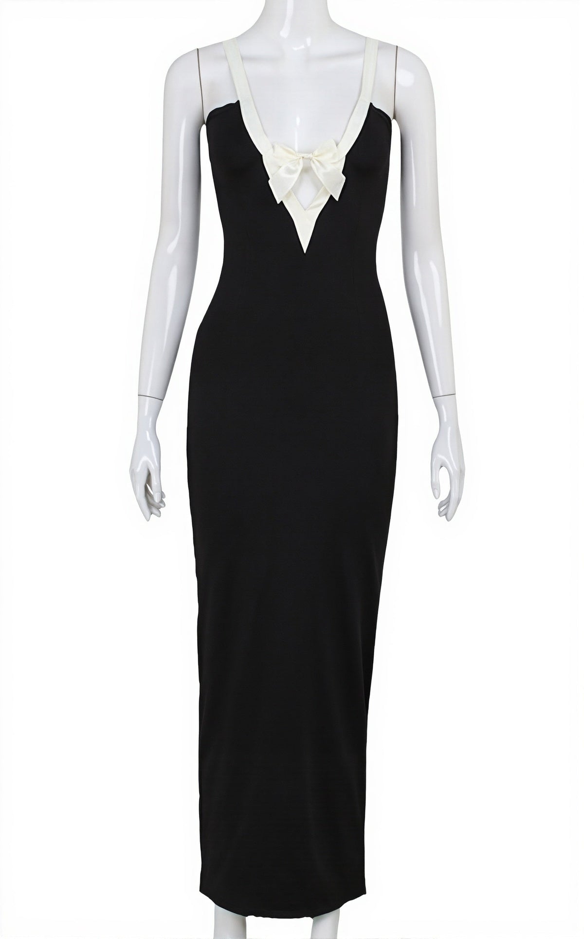 Deep V-Neck Satin-Trim Bow Bodycon Midi Dress