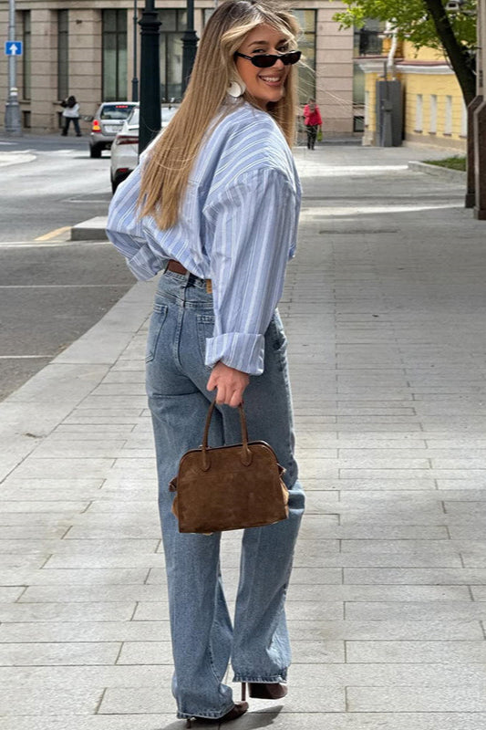 Loose Striped Collared Long Sleeve Blouse