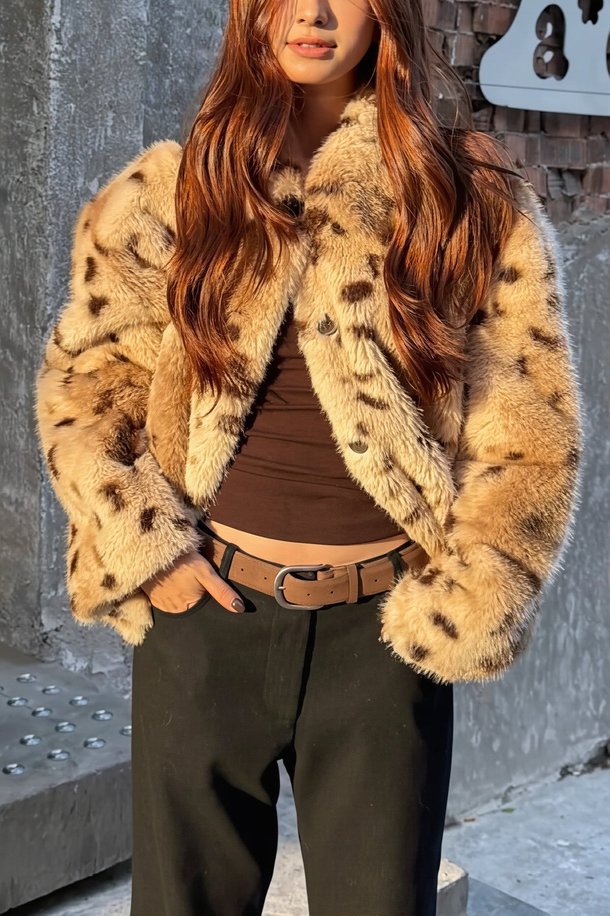 Spotted Zip Front Faux Fur Coat