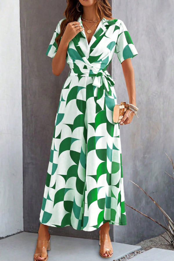 Women's Geometric Printed Short Sleeve Jumpsuit - Fashionpara