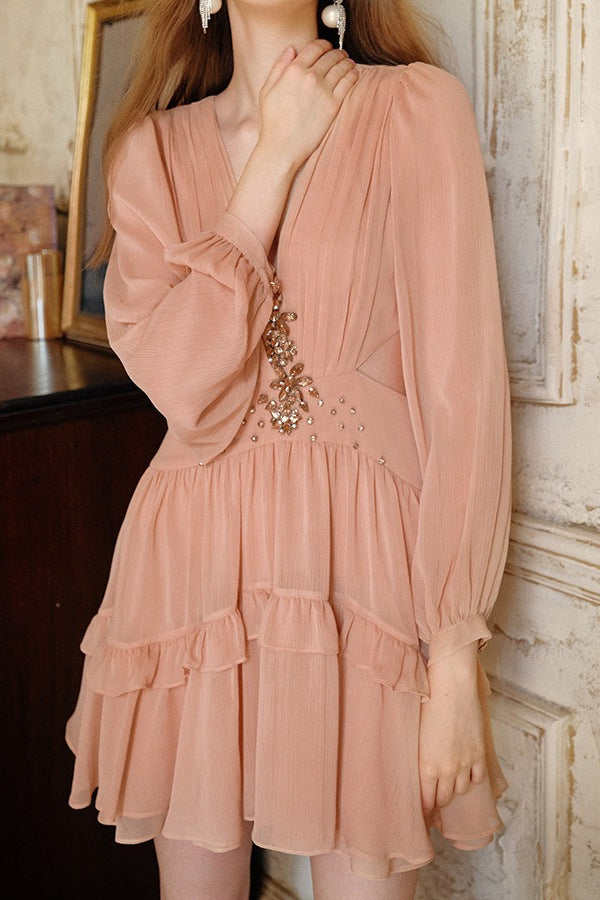 Embellished V-Neck Long Sleeve Tiered Chiffon Mini Dress 5