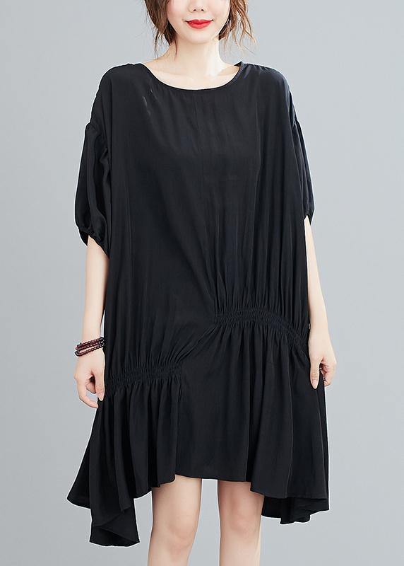 Round Neck Puff Sleeve Asymmetric Ruched Midi Dress