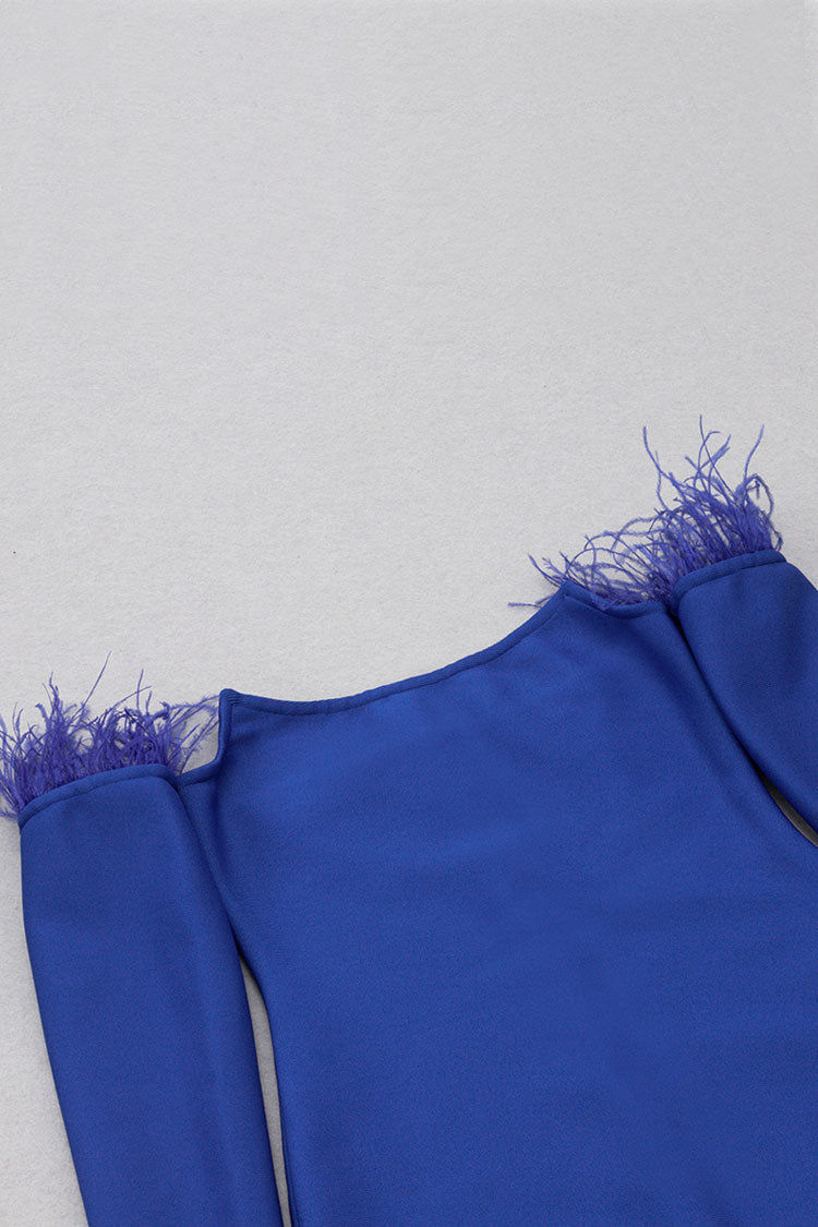 Feather Trim Off Shoulder Bandage Cocktail Midi Dress - Royal Blue - View 4