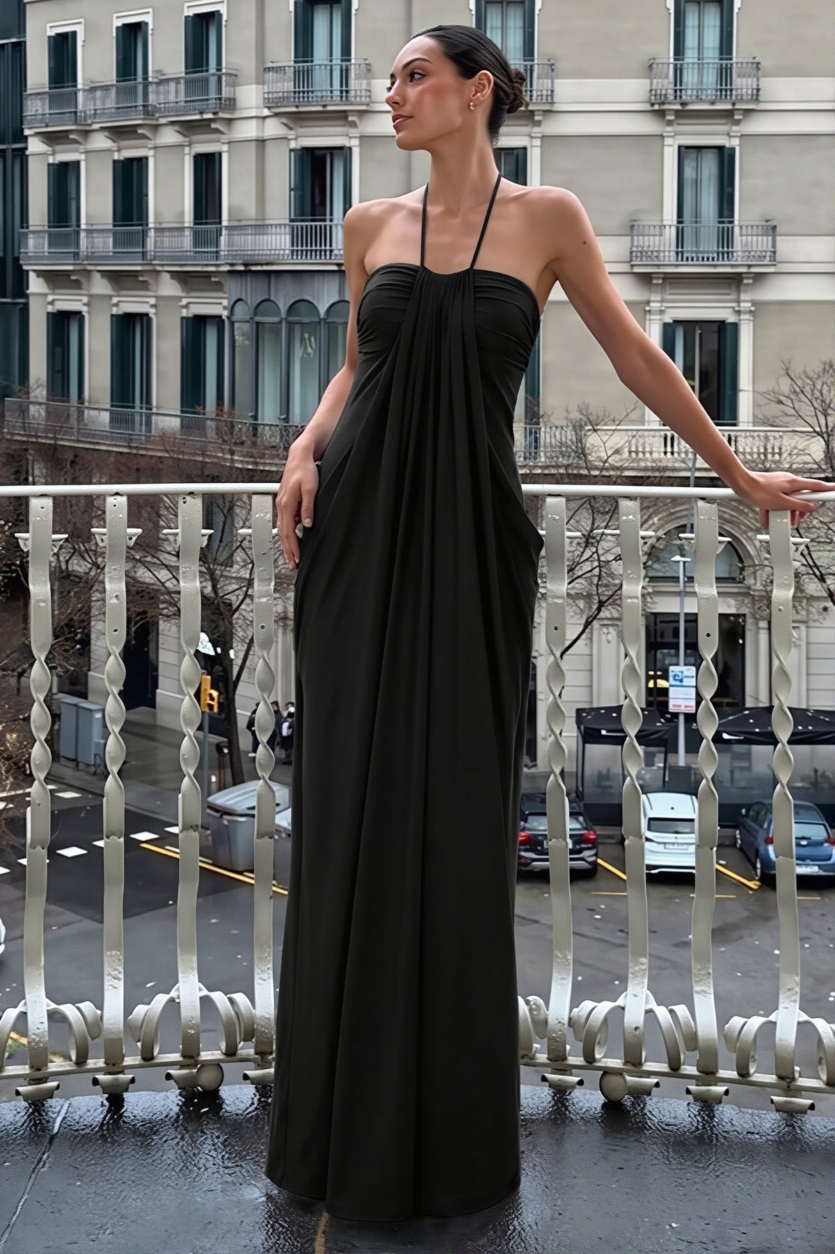 Draped Halter Neck Ruched Column Maxi Formal Gown
