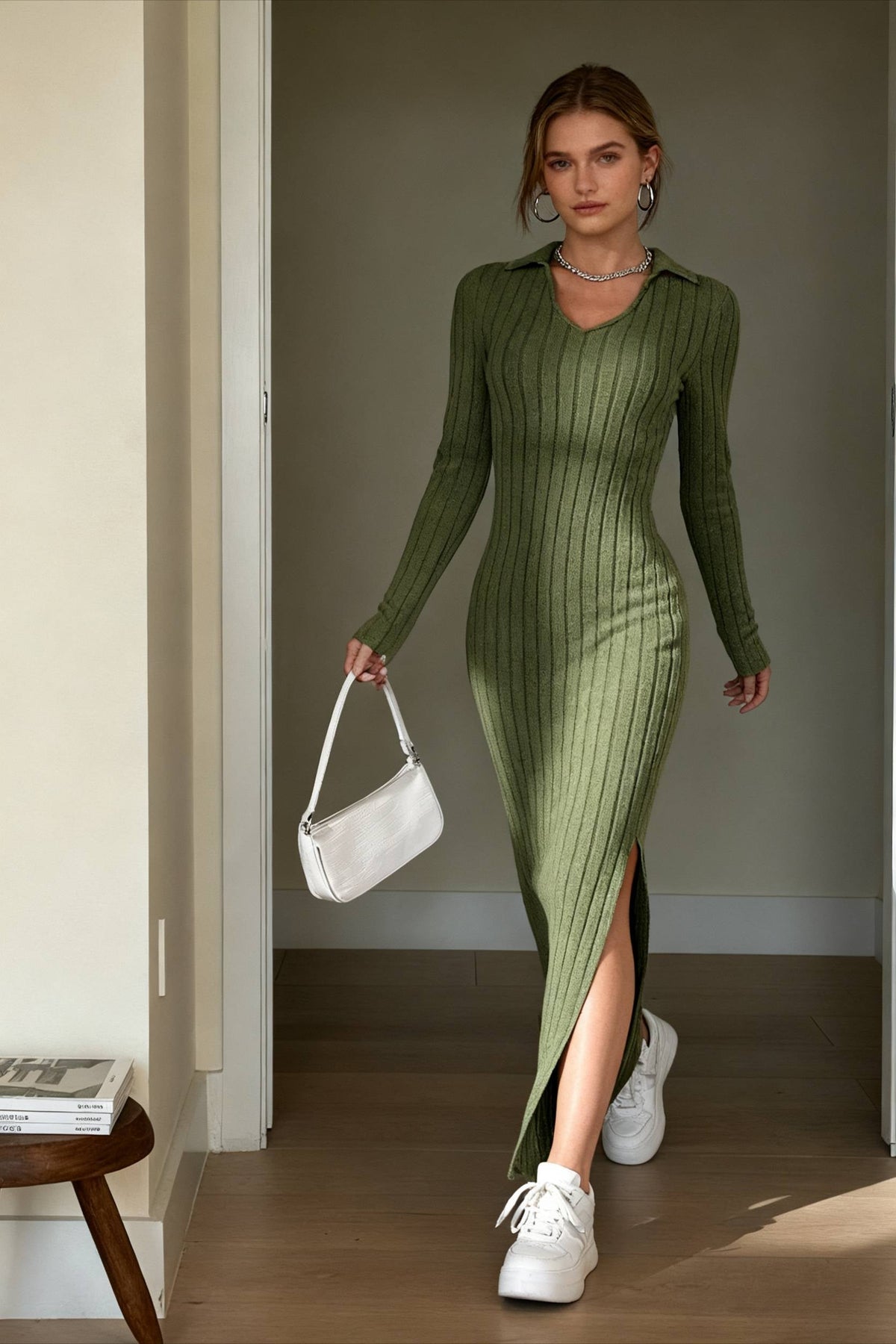 Ribbed Knit Collared Long Sleeve Side Slit Bodycon Maxi Dress