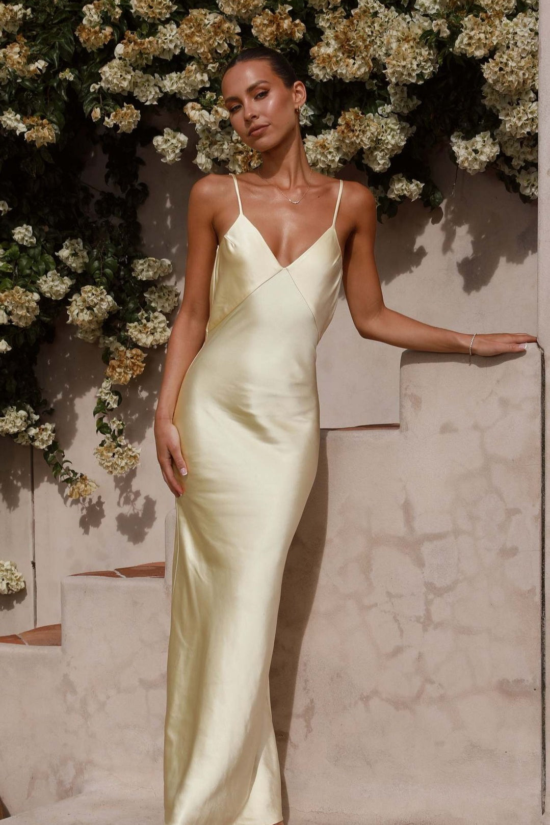 Satin Deep V-Neck Spaghetti Strap Bias Cut Slip Maxi Gown