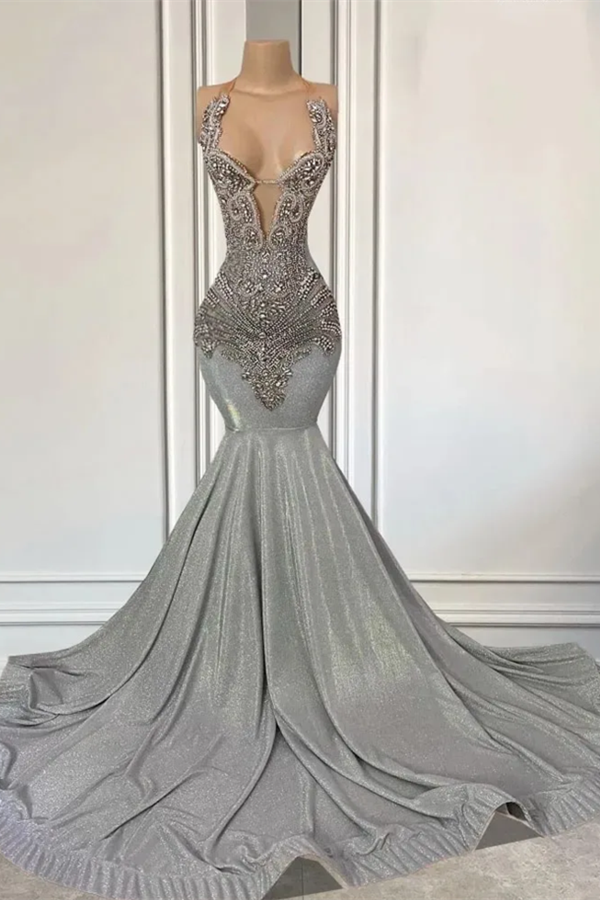 Gorgeous Long Silver Halter Mermaid Prom Dresses with Beads - Fashionpara
