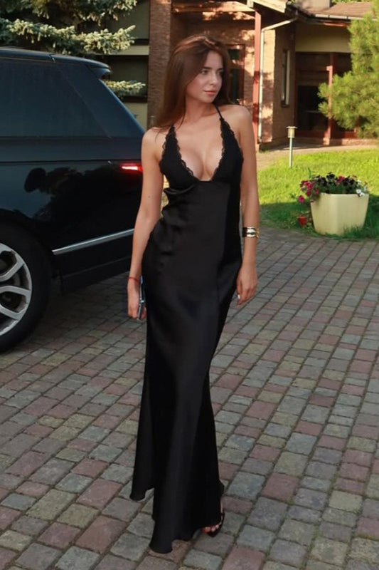 Halter Neck Lace Trim Deep V-Neck Satin Slip Maxi Gown