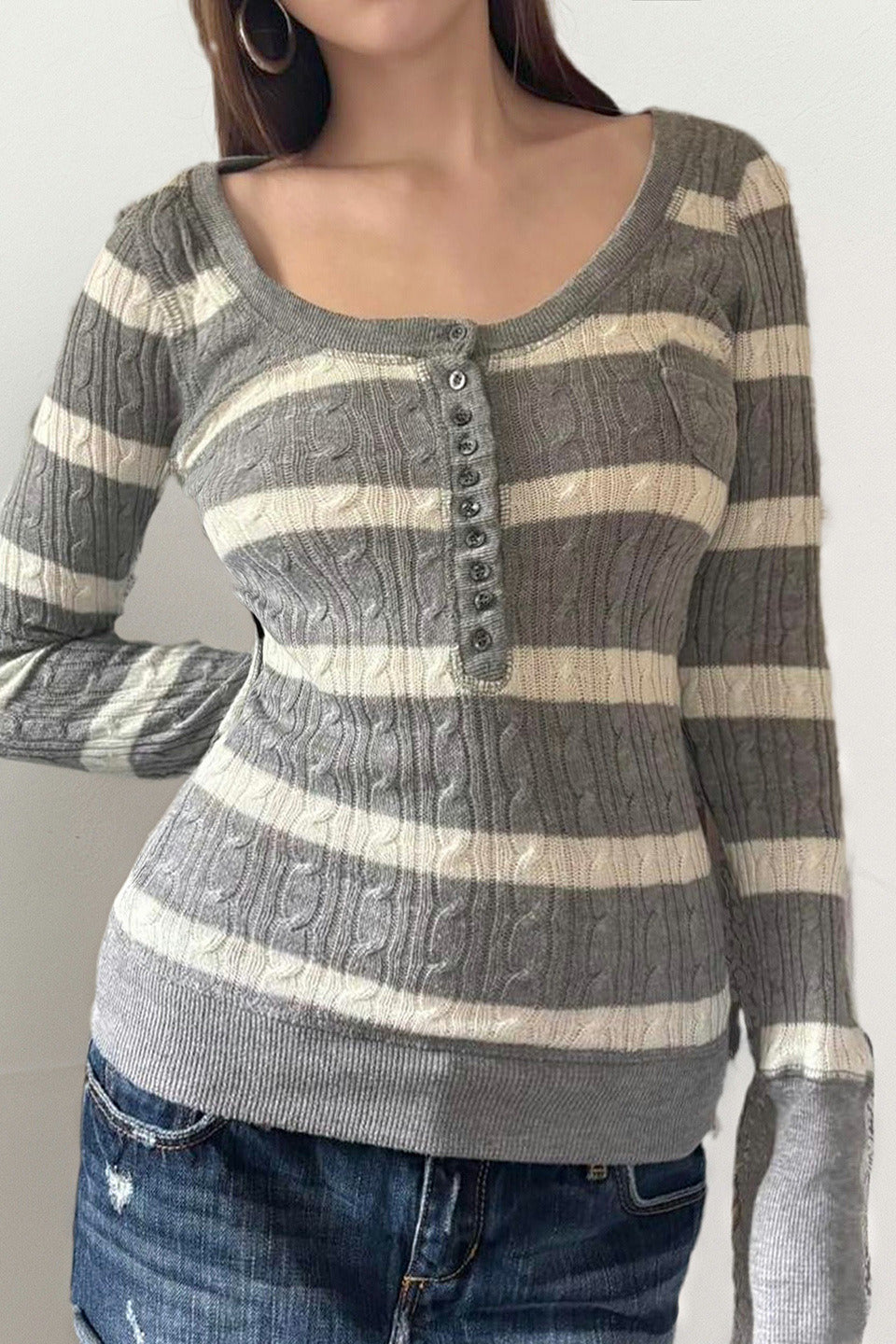 PrincessAce Cable Knit Striped Square Neck Sweater