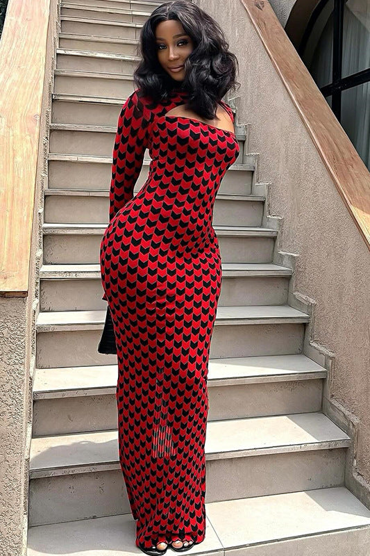 Trendy Hollow Bell Sleeve Floral Print Bodycon Maxi Dress
