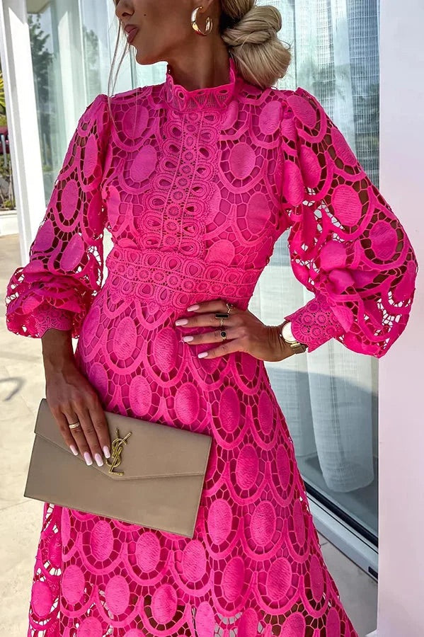 Francisca Crochet Lace Lantern Sleeve Midi Dress - View 7