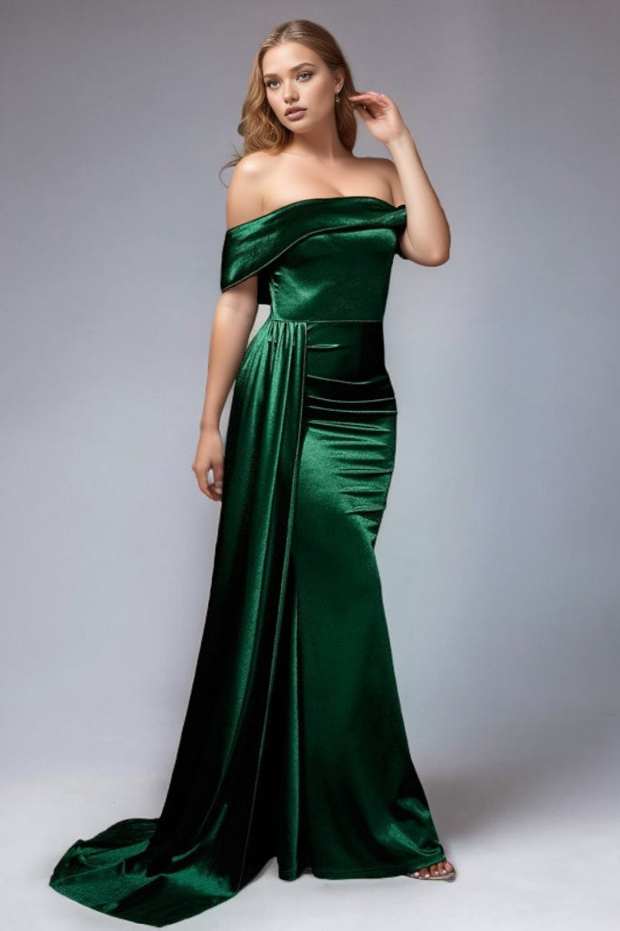 Satin Off Shoulder Ruched High Split Maxi Formal Gown - View 5