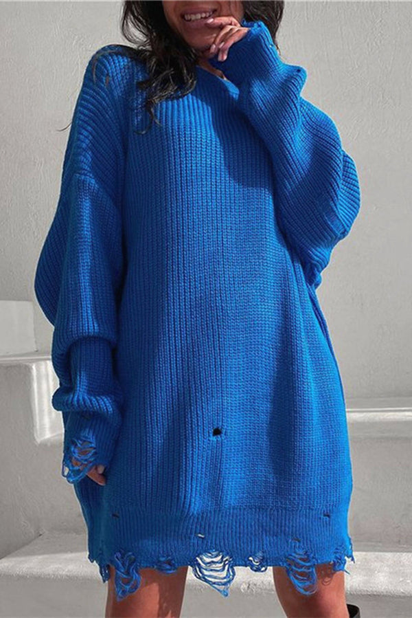 Solid Color Loose Knitted Mid-Length Sweater for Comfort