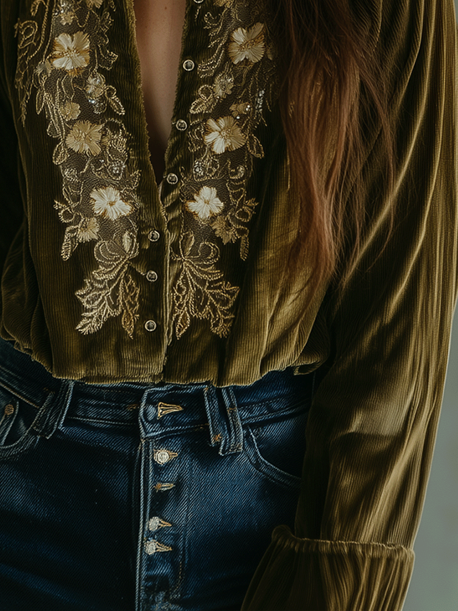 Olive Green Velvet Floral Embroidered Blouse - Fashionpara