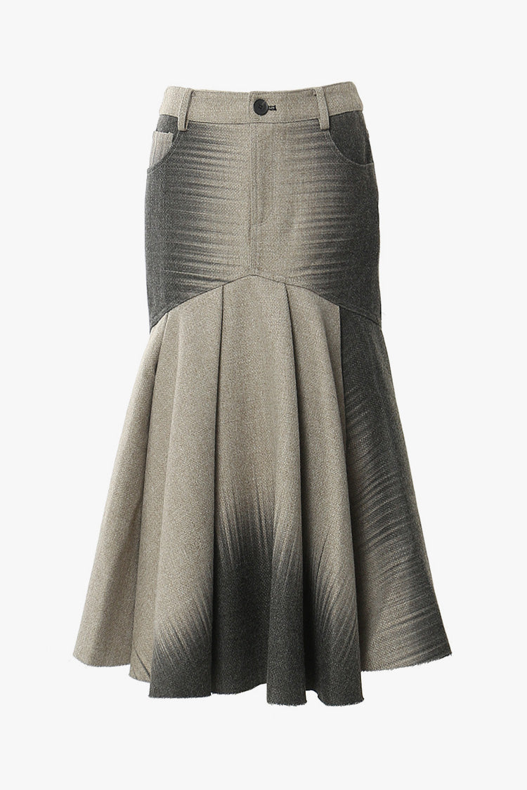 Feminine Brushstroke Print Ruched Pleated Woolen Blend Midi Mermaid Skirt